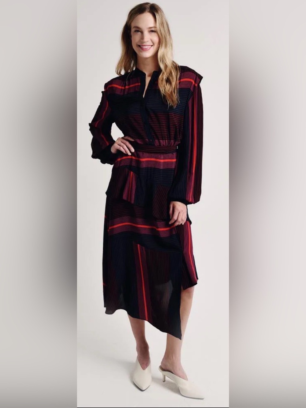 JOIE Roz Striped Navy and Red Belted Shirt MIDI Dress